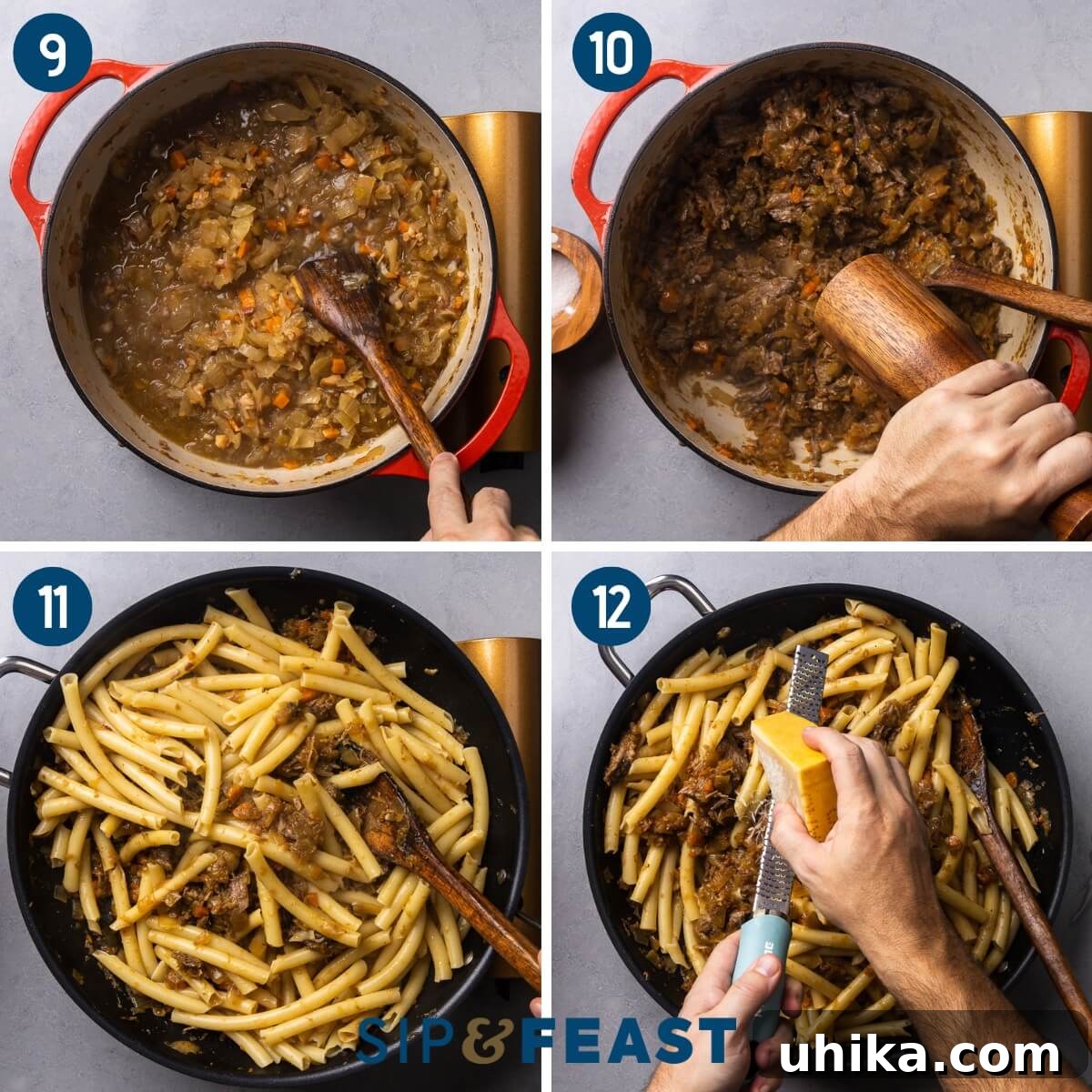 Hearty Genovese Slow-Cooked Pasta 6 Recipe collage three showing caramelizing of the onion sauce, adding shredded beef to the pot and seasoning, finishing the pasta in the pan with the ragu and grating parmesan cheese.