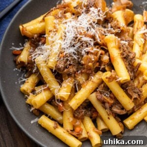 Hearty Genovese Slow-Cooked Pasta 8 Grey plate with pasta alla Genovese topped with grated parmesan cheese.