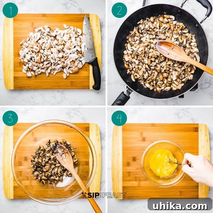 Mushroom Meatball Preparation Steps: Sautéing and Cooling Mushroom meatballs instructional process shot collage number one.