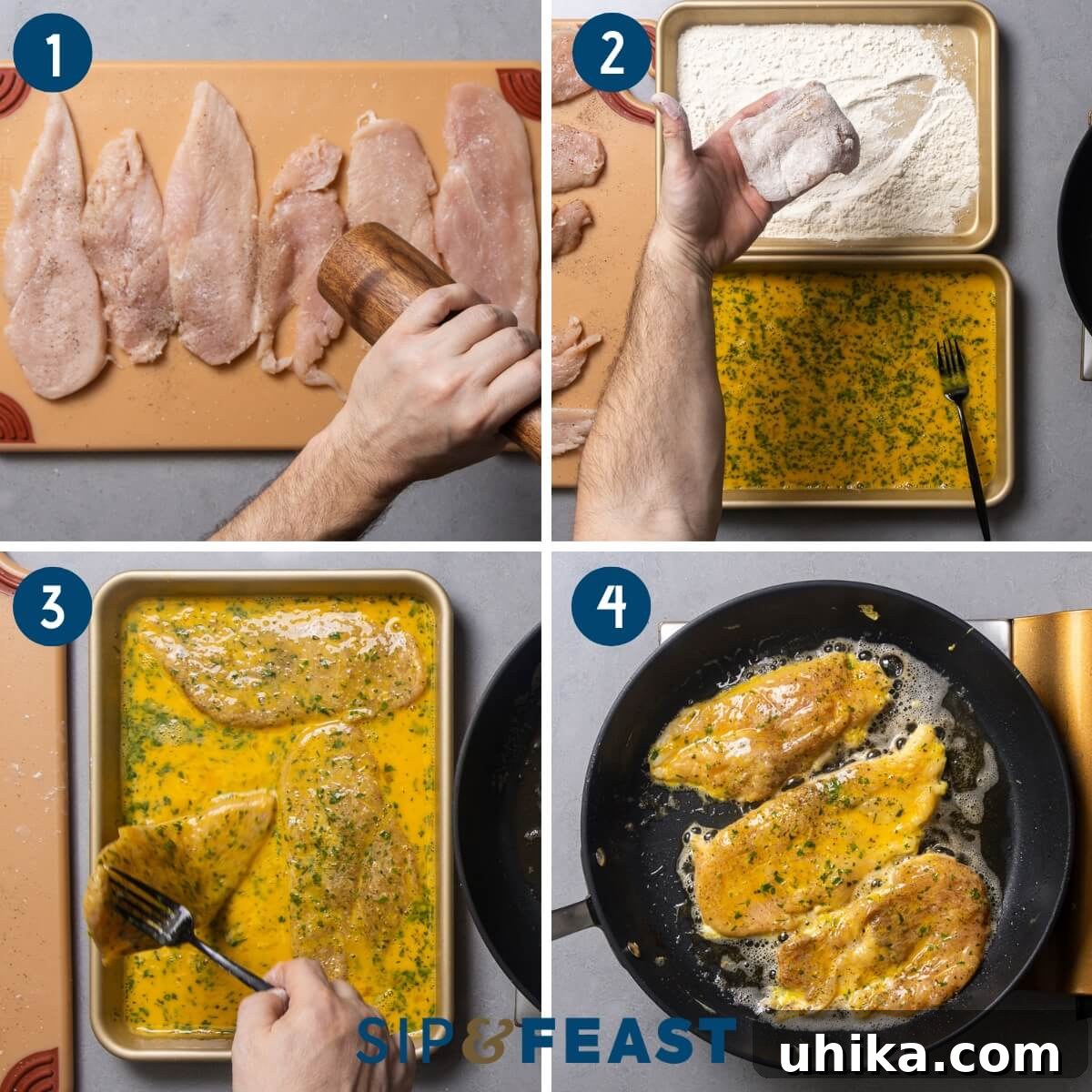 Golden Chicken Francese with Zesty Lemon Butter 4 Chicken Francese recipe collage group one showing seasoning of chicken cutlets, dredging in flour, dipping in eggwash, and pan frying.