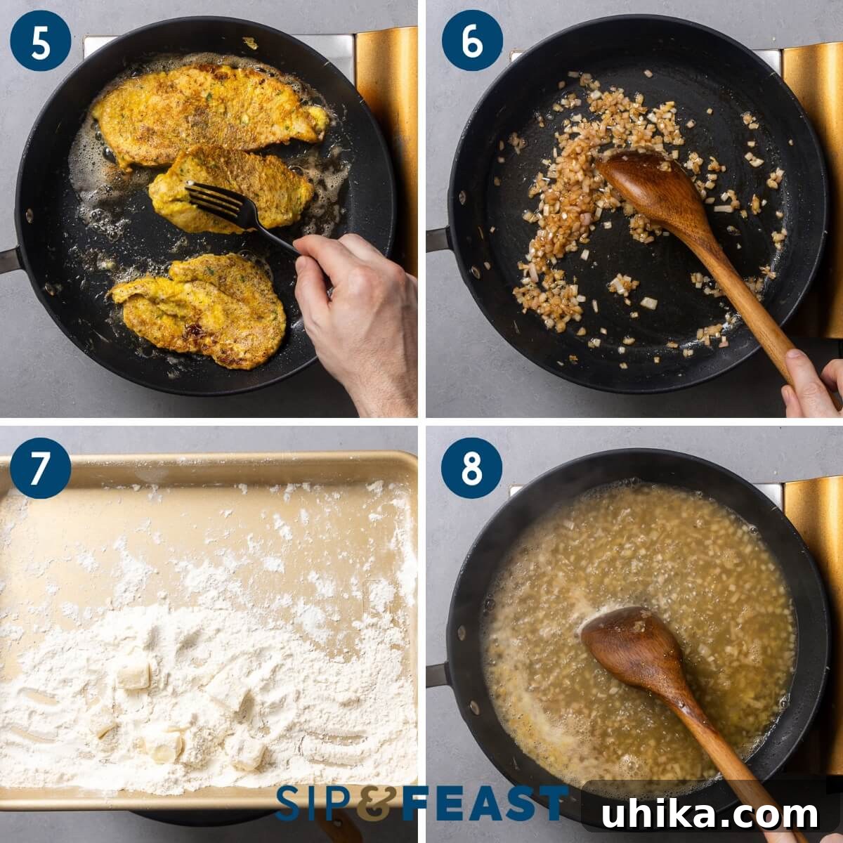 Golden Chicken Francese with Zesty Lemon Butter 5 Recipe collage group two showing pan frying of chicken, sauteing shallot, dipping butter cubes in flour, and bringing sauce to a boil.