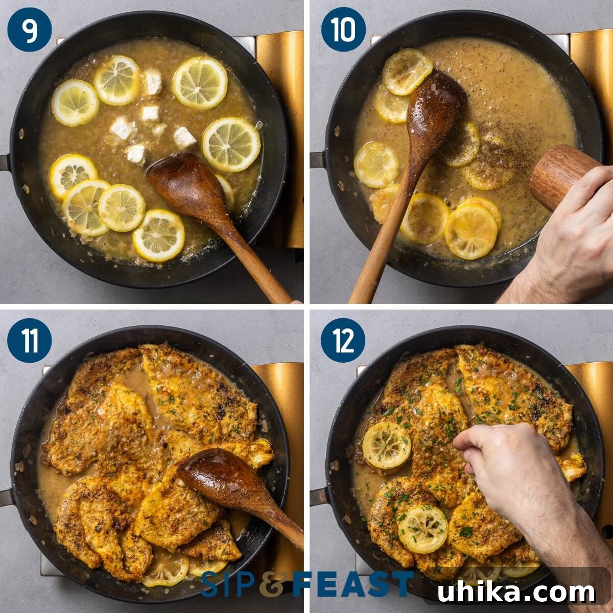 Golden Chicken Francese with Zesty Lemon Butter 6 Recipe collage three showing adding lemons slices and butter cubes to the sauce, adding chicken back to the sauce, and finishing with parsley.