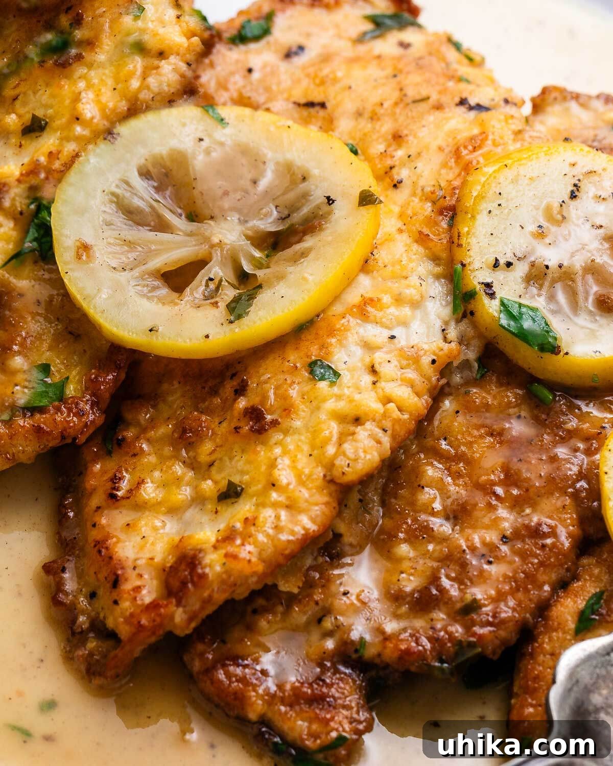 Golden Chicken Francese with Zesty Lemon Butter 7 Chicken Francese in white platter with lemon slices.
