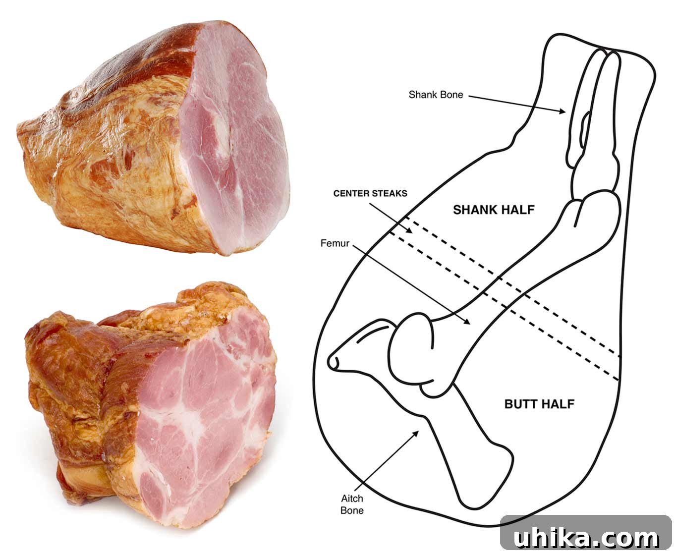 Unlock the Secret to a Perfectly Glazed Ham 3 Photos of butt half and shank half hams on left, line drawing of a whole ham indicating location of bones and cuts on the right.