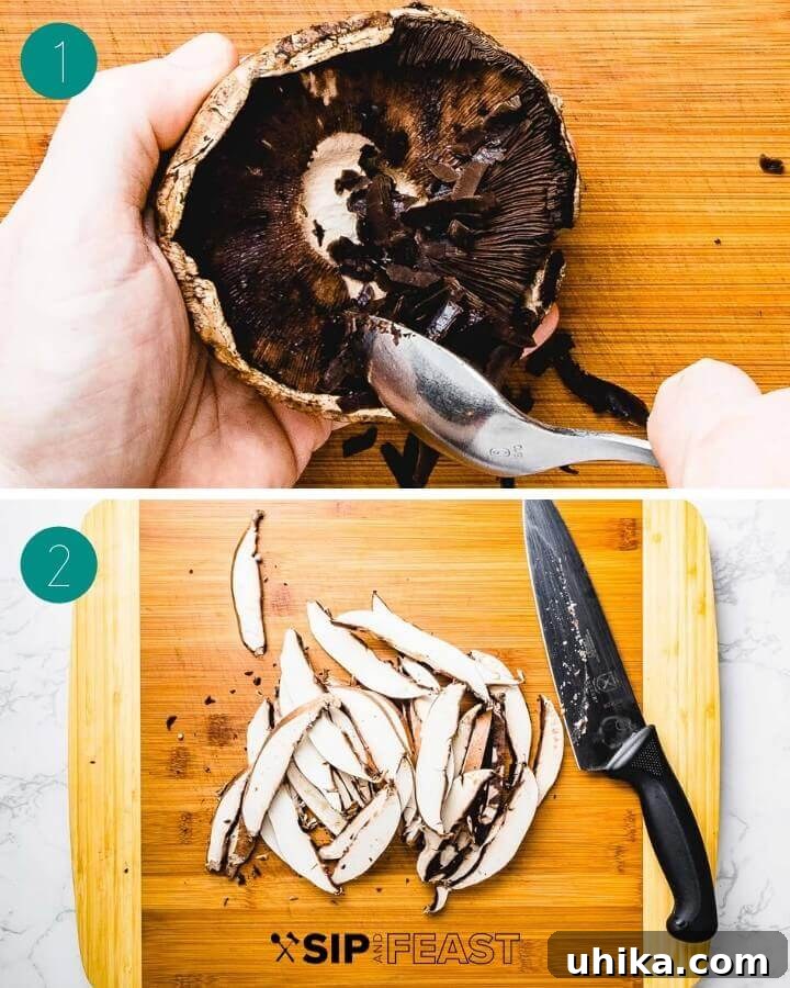 Sauteed Balsamic Portobello Mushrooms - sipandfeast.com #sidedish #italianfood #mushrooms A collage showing the preparation steps: removing gills from portobello mushrooms, slicing the caps into strips, and heating olive oil in a pan.