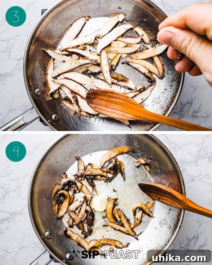 Sauteed Balsamic Portobello Mushrooms - sipandfeast.com #sidedish #italianfood #mushrooms A collage showing the cooking process: portobello mushroom slices sizzling in a hot pan with olive oil, browning beautifully.