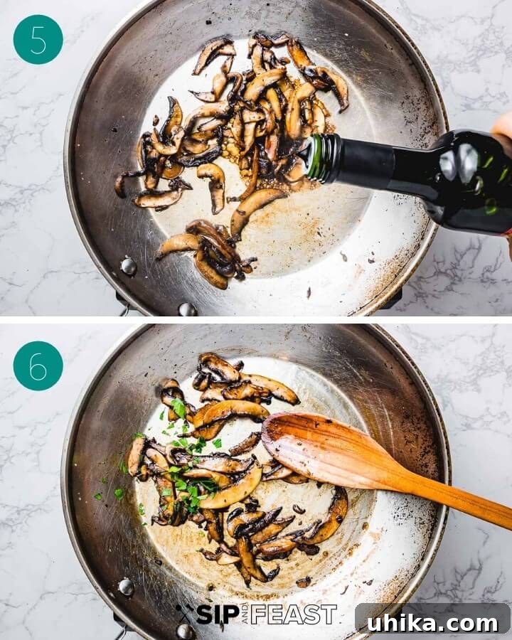 Sauteed Balsamic Portobello Mushrooms - sipandfeast.com #sidedish #italianfood #mushrooms A collage showing the final cooking steps: butter melting into the browned mushrooms, followed by balsamic vinegar being added to create a glistening glaze.