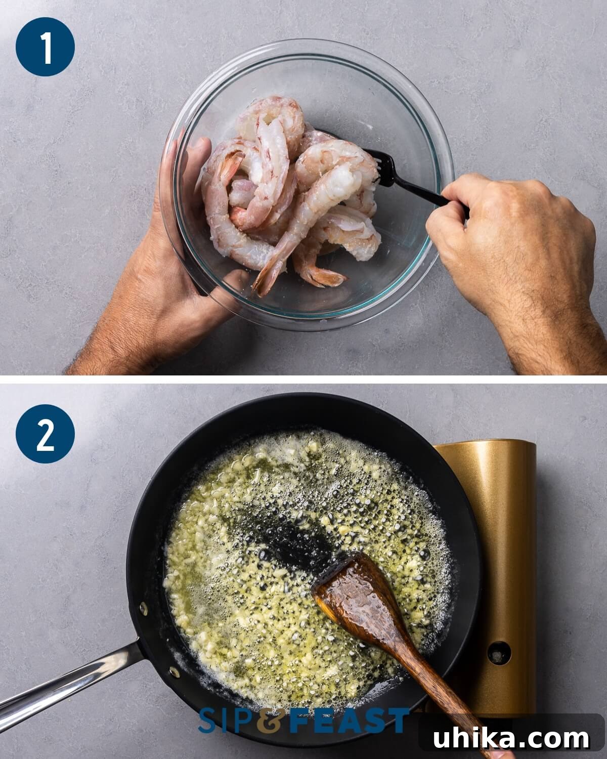 Effortless Garlic Shrimp Delight 4 Shrimp scampi recipe process collage group one showing shrimp being mixed with salt and baking soda, and minced garlic sautéing in butter and olive oil in a large black pan.