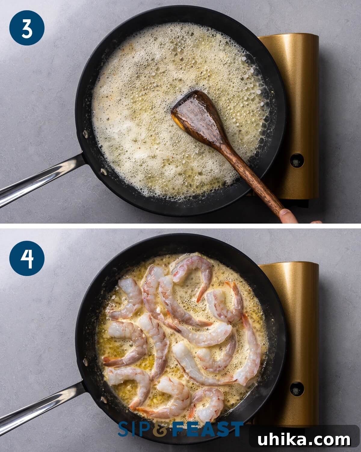 Effortless Garlic Shrimp Delight 5 Recipe collage two showing the wine being added to deglaze the pan and the shrimp being cooked in the fragrant sauce.