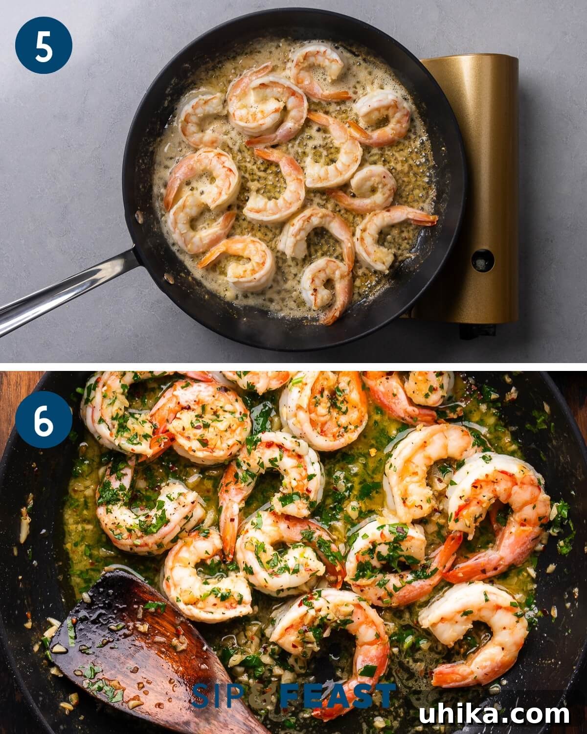 Effortless Garlic Shrimp Delight 6 Recipe collage three showing the shrimp being flipped in the pan and fresh parsley being added to finish the dish.