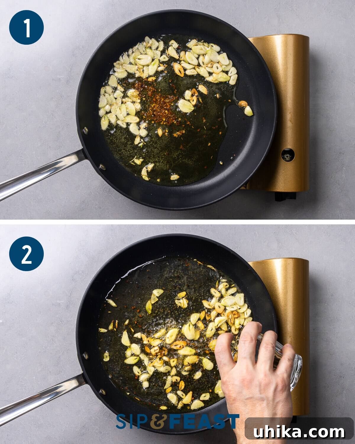 Marinara Mussels in Minutes: Easy Seafood Appetizer 5 Collage showing the initial steps of making Mussels Marinara: sautéing garlic and red pepper flakes, followed by deglazing the pan with white wine.