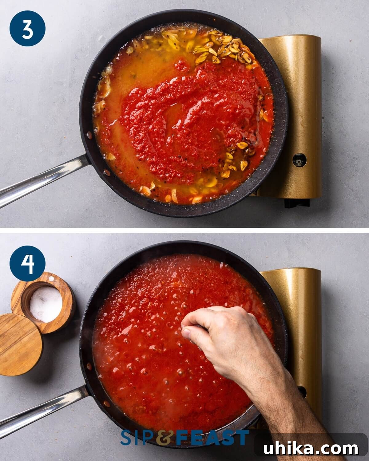 Marinara Mussels in Minutes: Easy Seafood Appetizer 6 Collage depicting the marinara sauce preparation: adding plum tomatoes to the pan and seasoning the simmering sauce.