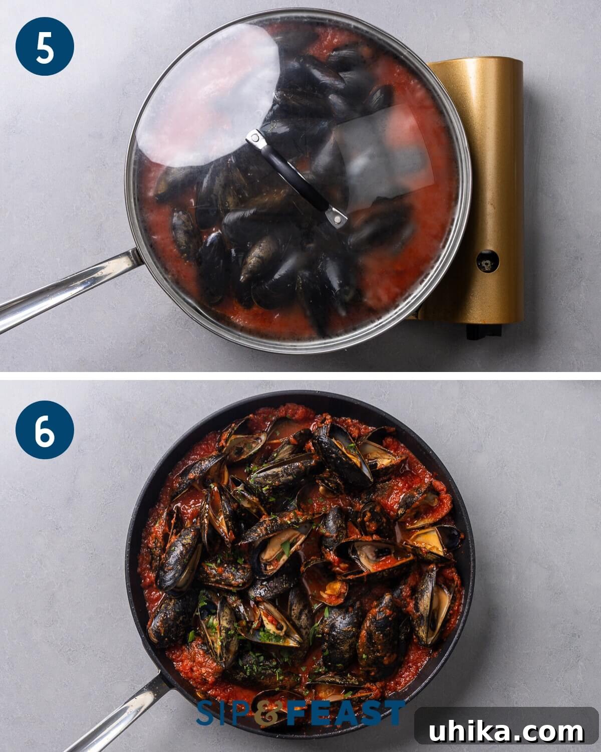 Marinara Mussels in Minutes: Easy Seafood Appetizer 7 Collage showing the final stages of the recipe: mussels steaming open in the sauce and the finished Mussels Marinara dish with basil.