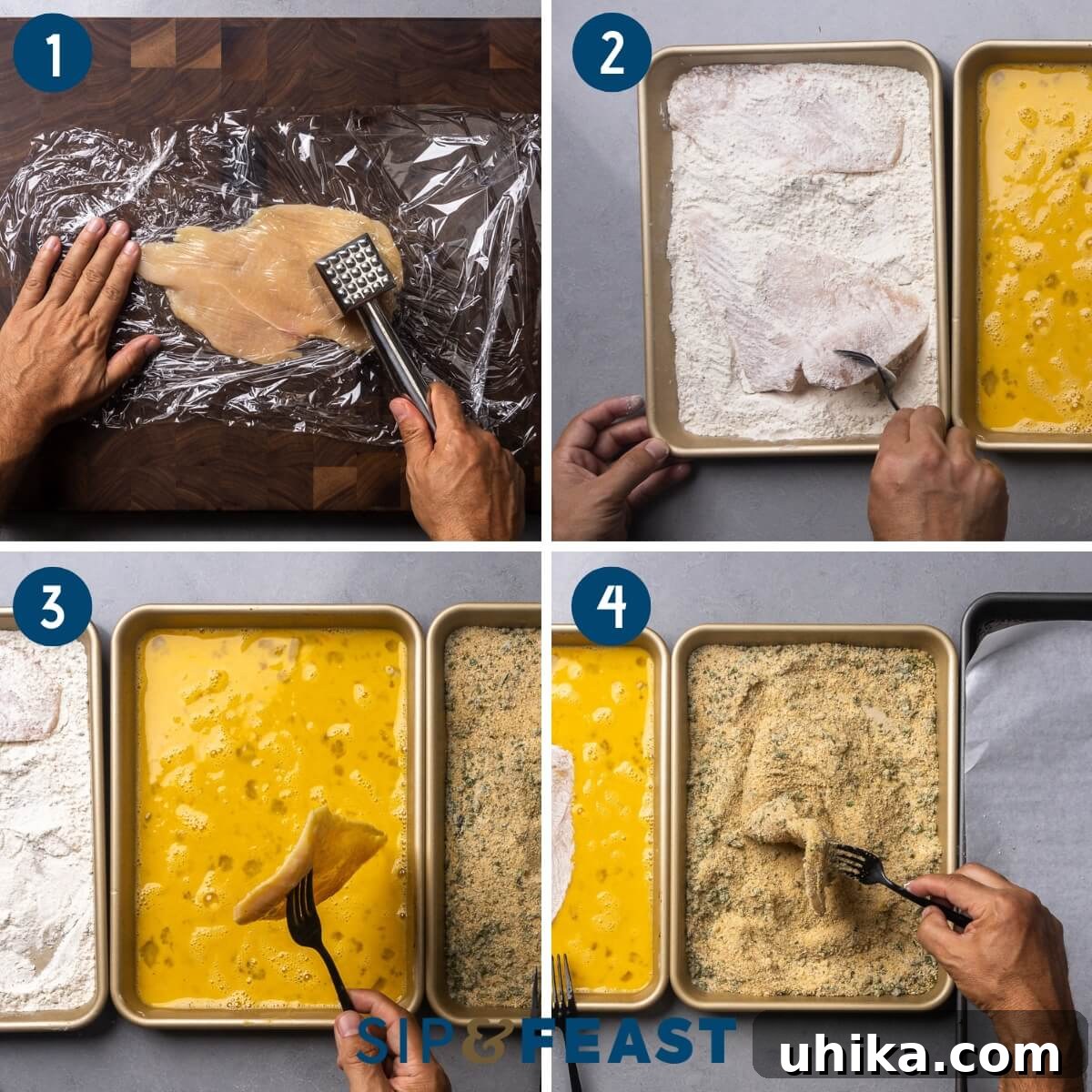 Crispy Italian Chicken Cutlets 4 Italian chicken cutlets recipe process collage group one showing pounding chicken cutlets with mallet, dipping into flour, dipping into egg, and dipping into breadcrumbs for breading station.