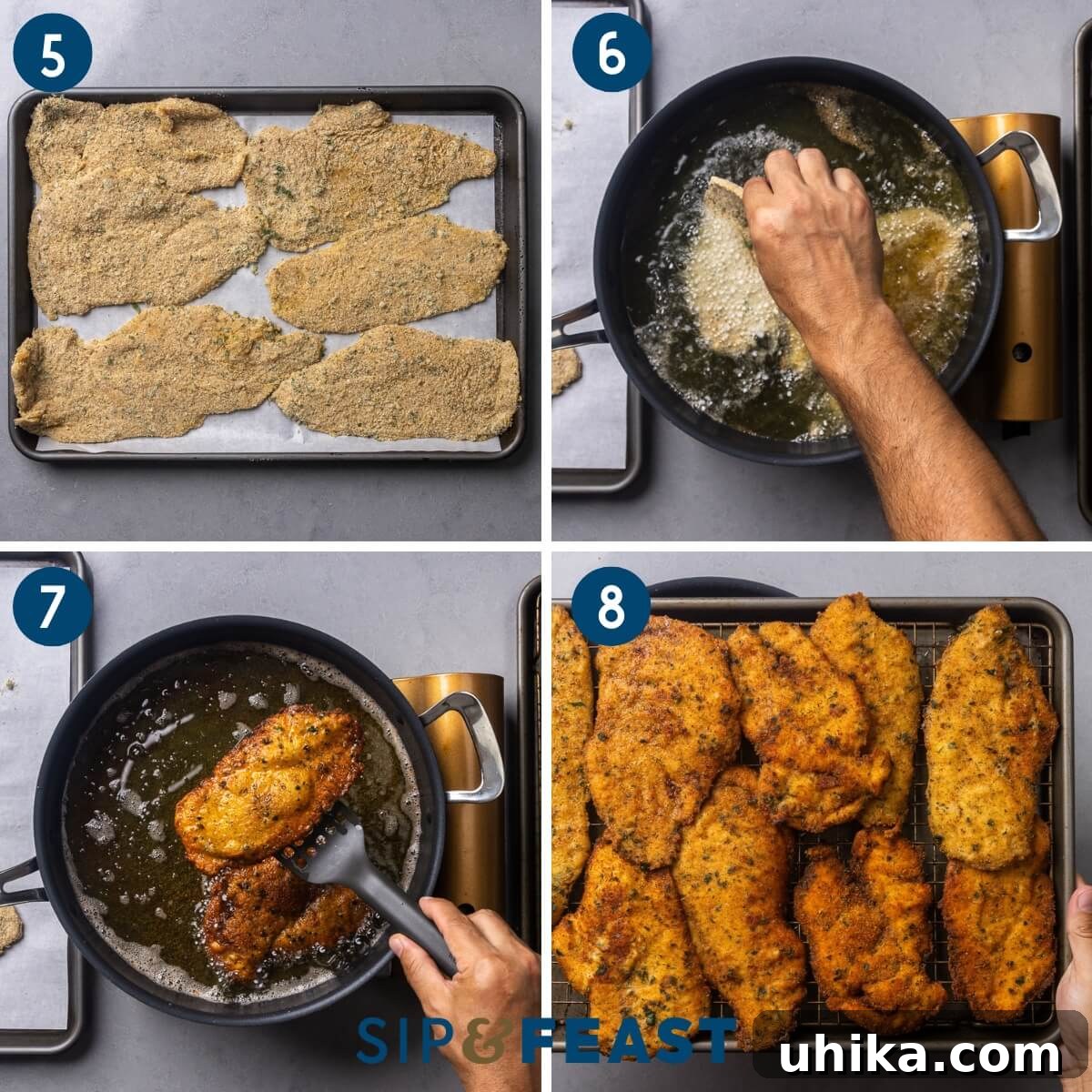 Crispy Italian Chicken Cutlets 5 Recipe collage group two showing breaded cutlets on a parchment paper lined baking sheet, placing cutlet into hot oil, removing from oil, and holding a whole bunch of fried cutlets on wire rack.