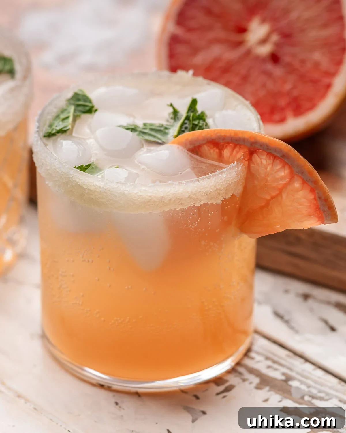 The Minted Classic Paloma 2 A refreshing Paloma cocktail expertly garnished with a slice of vibrant grapefruit and a sprig of fresh mint, set in a clear glass.