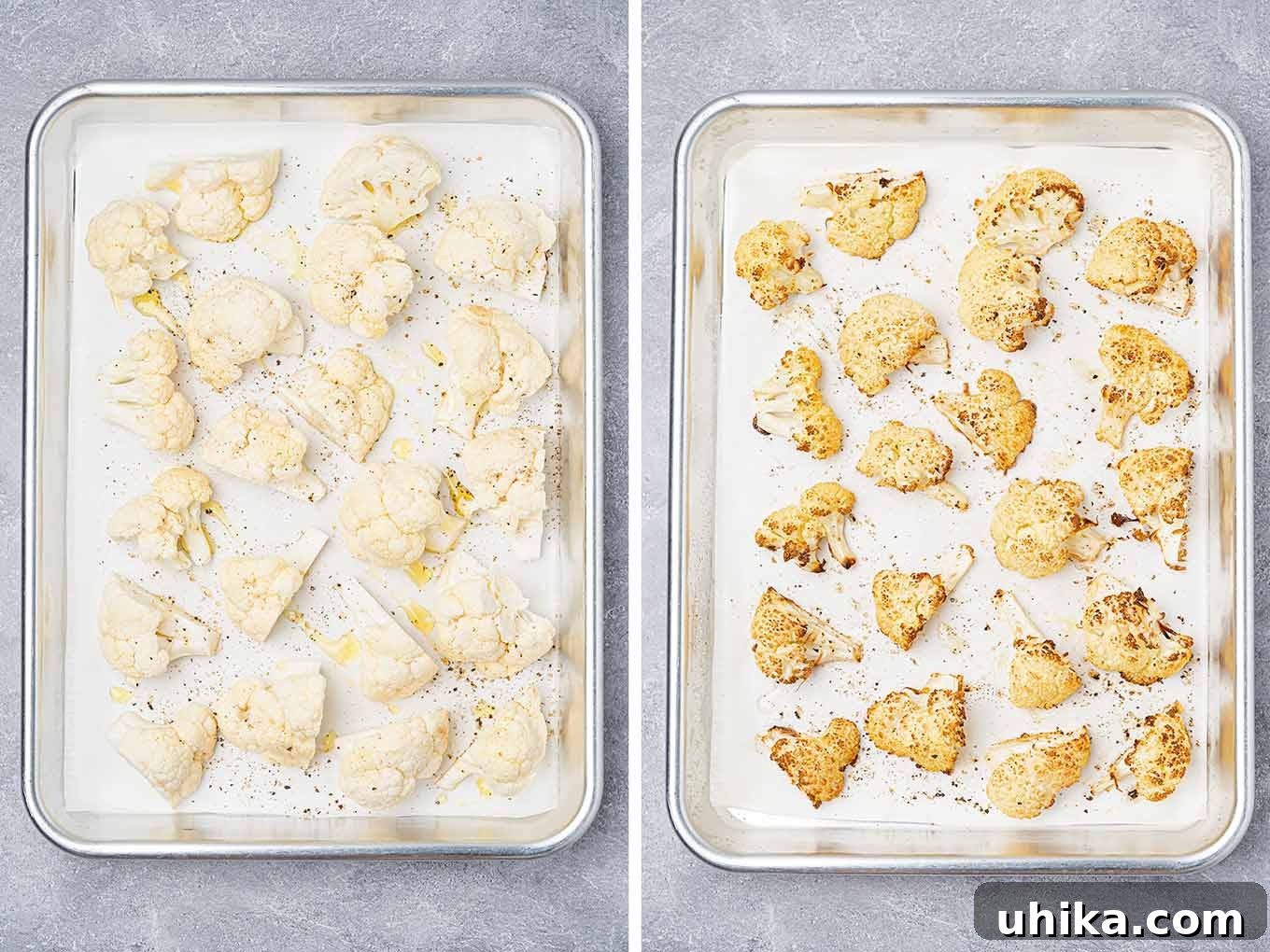 Two prep photos for roasted cauliflower; florets on a parchment lined sheet pan drizzled with olive oil, ready for the oven, and after roasting showing caramelization. 