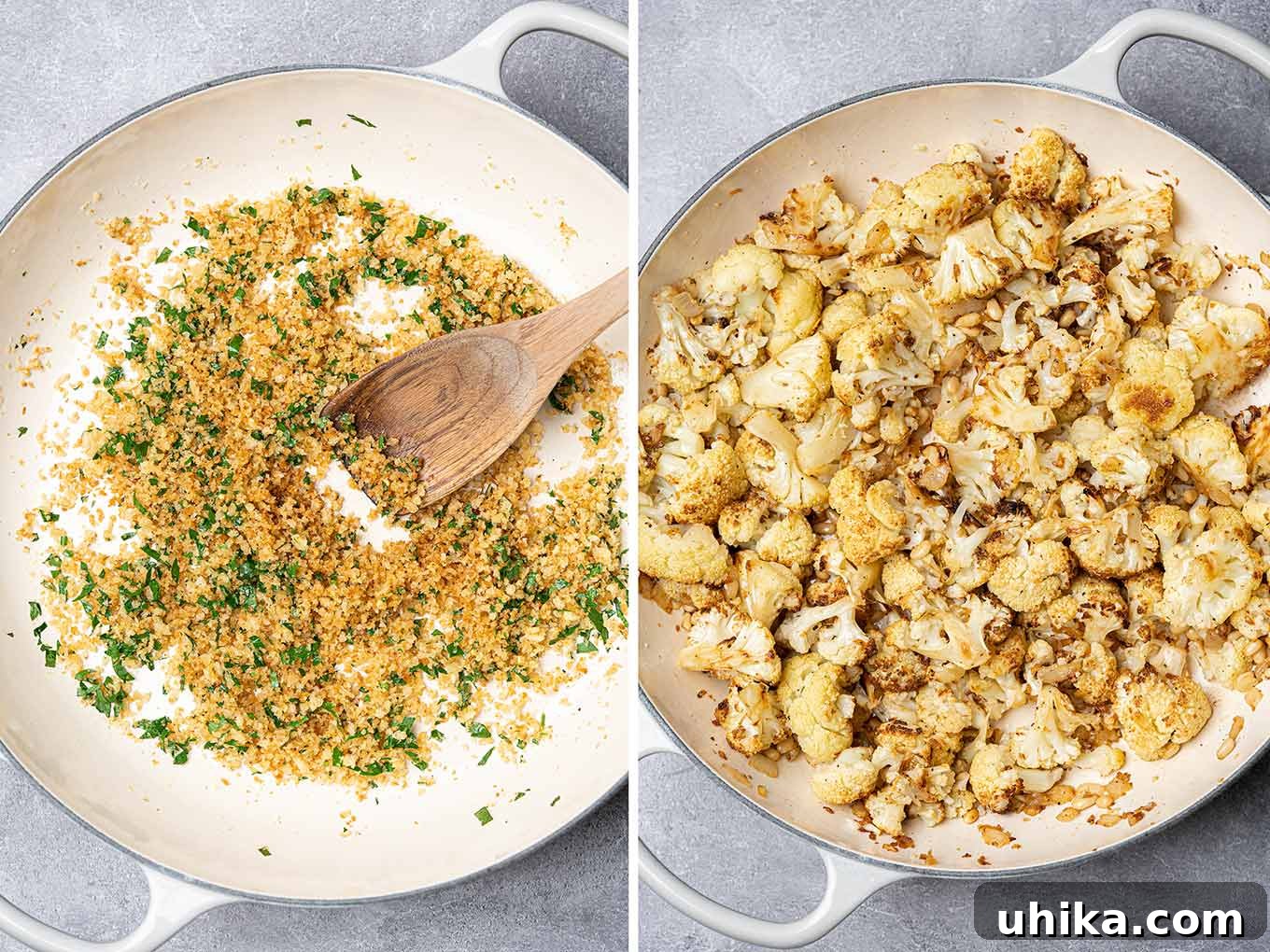 Side by side photos of the pan with the toasted panko and pine nuts and that mix combined with the cooked cauliflower.