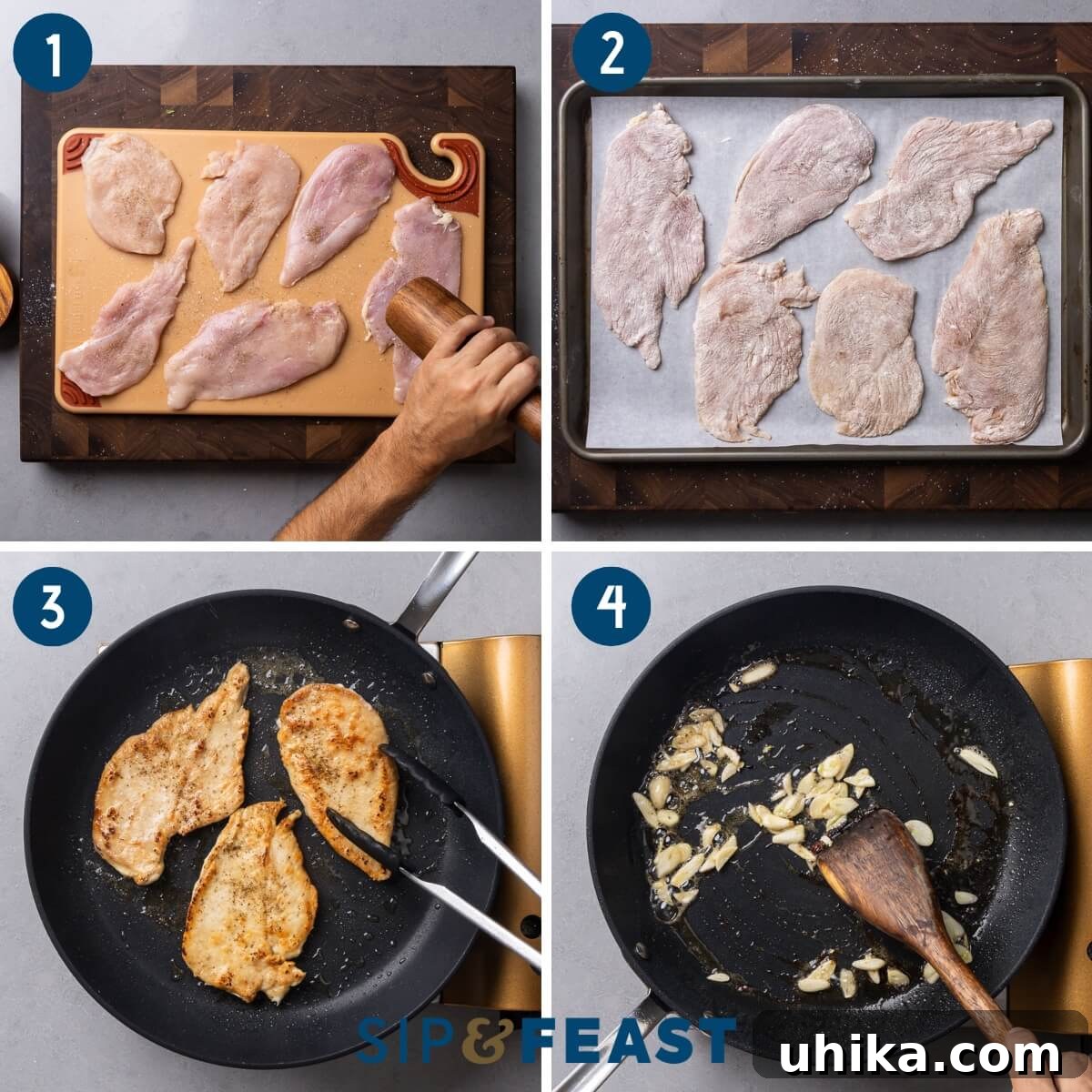 Zesty Lemon Caper Chicken 3 Chicken piccata recipe process shot collage group one showing seasoning and flouring of chicken cutlets, searing the chicken in a large pan, and sauteing garlic in pan.