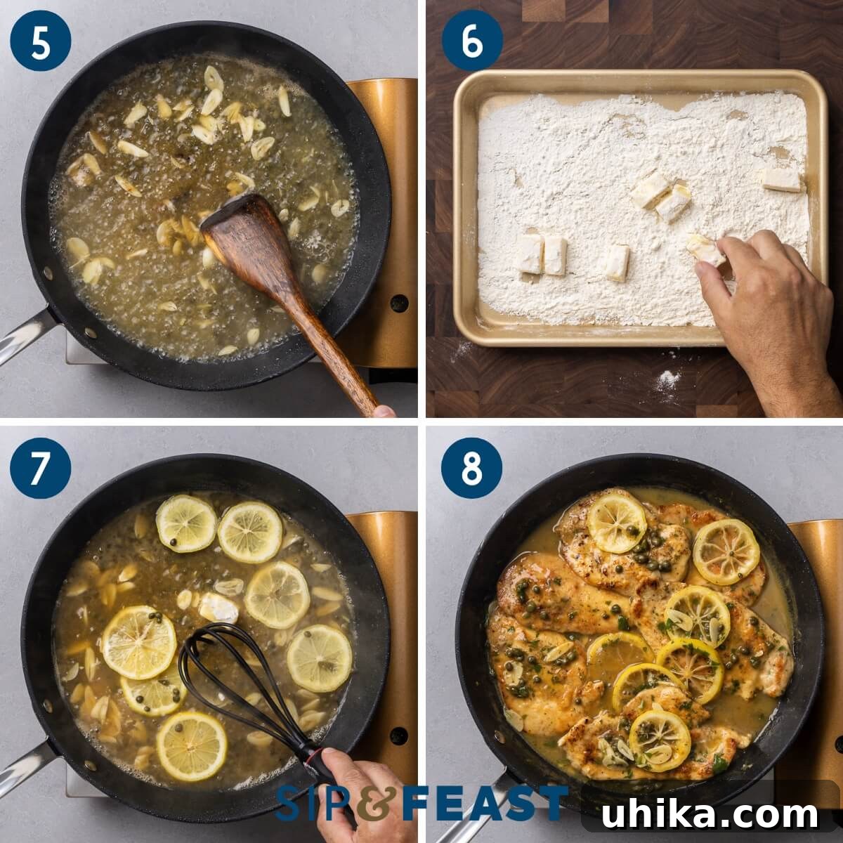 Zesty Lemon Caper Chicken 4 Recipe collage two showing making the sauce, dredging butter cubes in the sauce, whisking butter into sauce, cooking finished chicken piccata on stovetop.