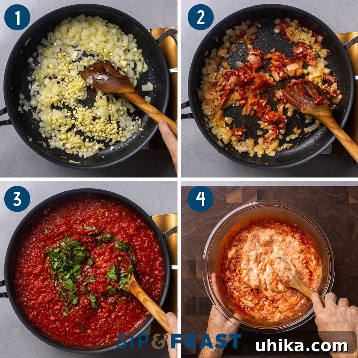 Baked ziti recipe process shot collage group one showing sauteing onions and garlic, cooking tomato paste, simmering sauce, and mixing ricotta with sauce in large glass bowl.