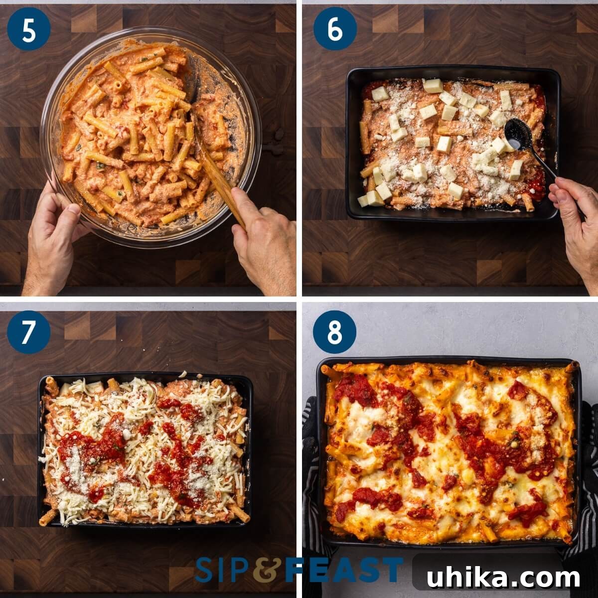 Recipe collage group two showing mixing of pasta with sauce and cheese, layering the pasta in baking dish with mozzarella and Romano cheese, topping with shredded mozzarella, and finished baked ziti held in hands.