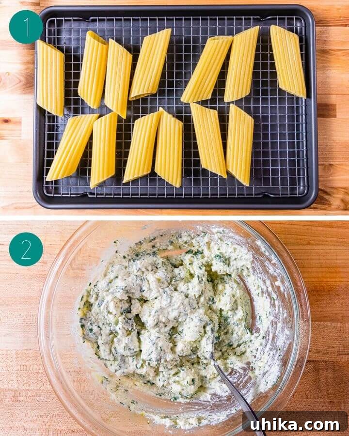 Preparing Manicotti Pasta - Boil Al Dente and Cool Baked manicotti recipe process shot collage group number one showing boiling pasta and cooling on a rack.