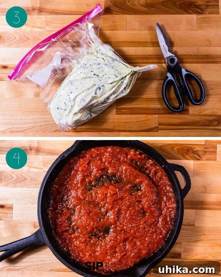 Stuffing Manicotti - Cheese Filling and Pastry Bag Technique Recipe process shot collage group number two illustrating mixing the cheese filling and stuffing manicotti with a pastry bag.