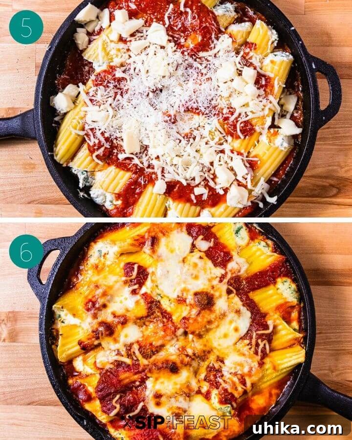 Layering and Saucing Manicotti in Baking Pan Recipe process shot collage group number three showing manicotti arranged in a baking pan, covered with sauce and cheese, ready for baking.