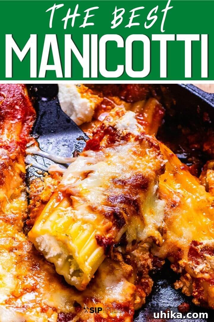 The Best Four Cheese Baked Manicotti Recipe for Comfort Food Lovers Pinterest image promoting the Four Cheese Baked Manicotti recipe.