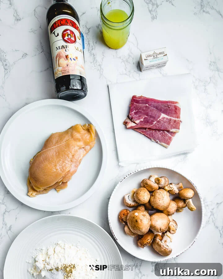 Chicken Marsala Ingredients Overview A curated display of essential Chicken Marsala ingredients including Marsala wine, chicken stock, butter, raw chicken cutlets, smoked prosciutto, various mushrooms, and flour.