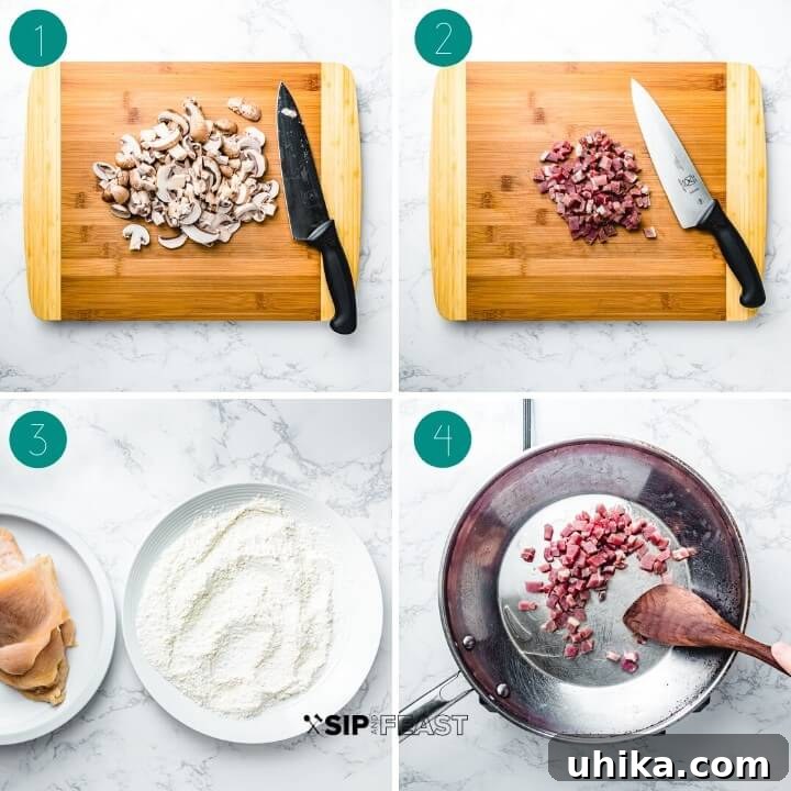 Prepping for Delicious Chicken Marsala Chicken Marsala recipe process collage showcasing mushroom slicing, prosciutto dicing, and chicken dredging.