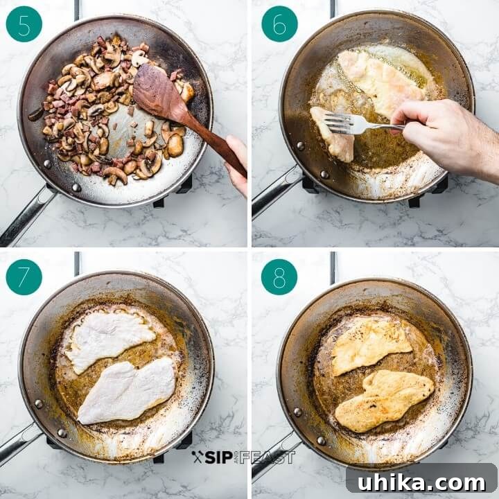 Chicken Marsala: Searing & Sautéing Stages A two-part image showing the cooking process of Chicken Marsala: first, sautéing the prosciutto and mushrooms, then perfectly searing the flour-dredged chicken cutlets.