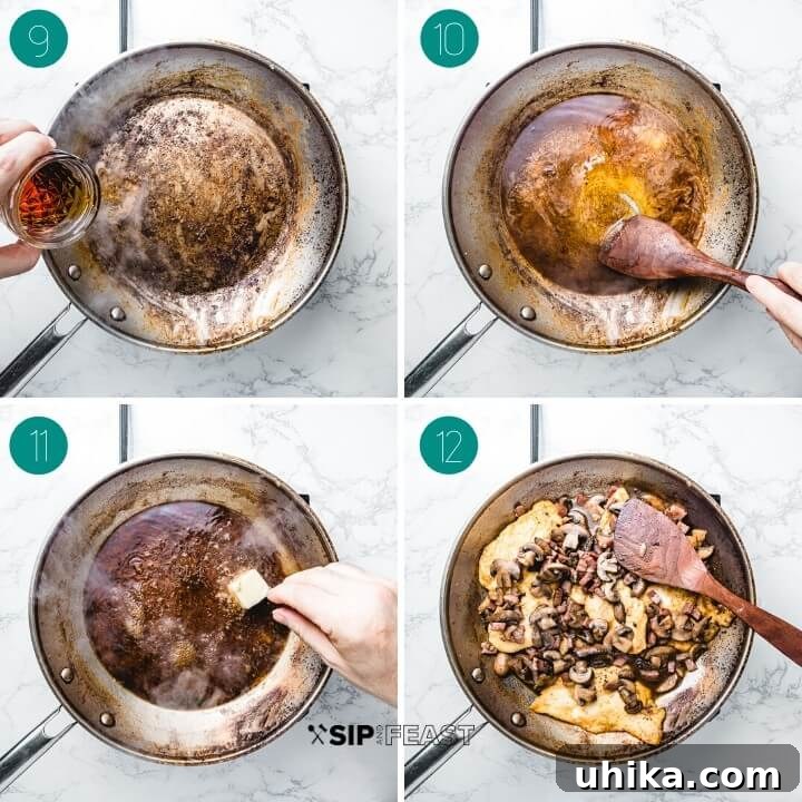 Crafting the Signature Marsala Sauce Recipe process shot collage showing the creation of the Marsala sauce: deglazing the pan with wine and stock, then whisking in butter for a creamy finish.