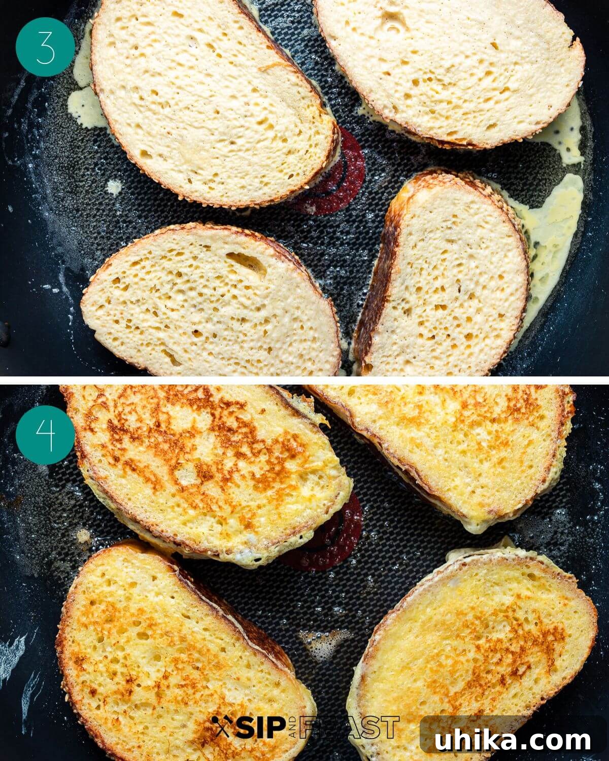 Dreamy Lemon Blueberry French Toast 4 Process shot of French toast preparation, illustrating bread being soaked in batter and then carefully placed into a hot pan.