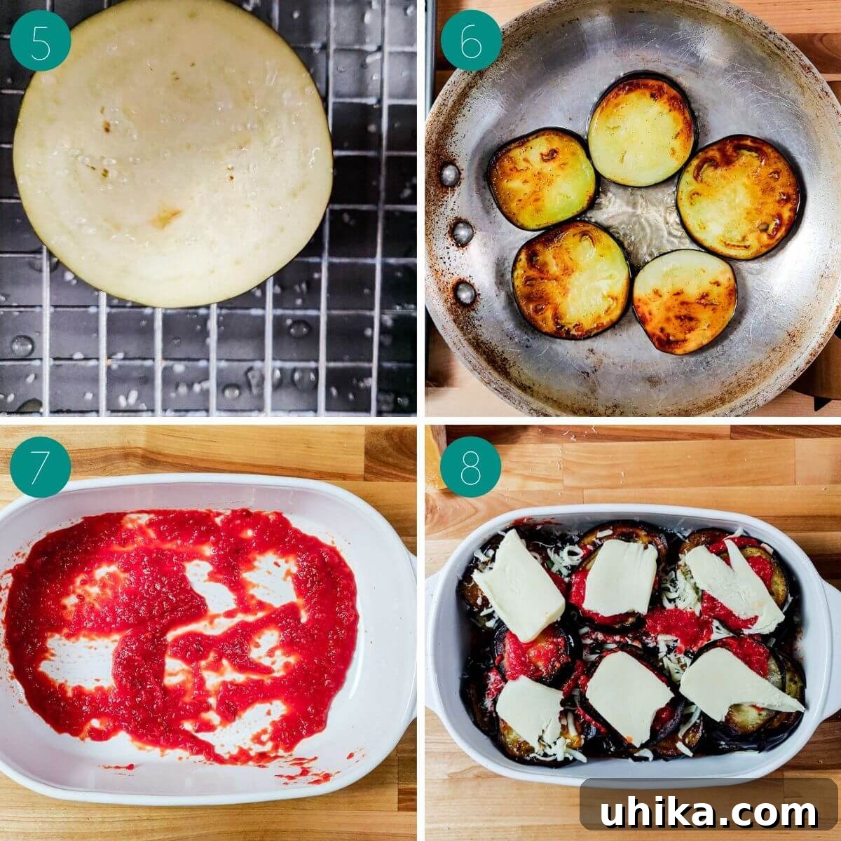 Gluten-Free Eggplant Parmigiana 4 Recipe process shot collage group number two, showing cooked eggplant slices and the layering process in a baking dish.