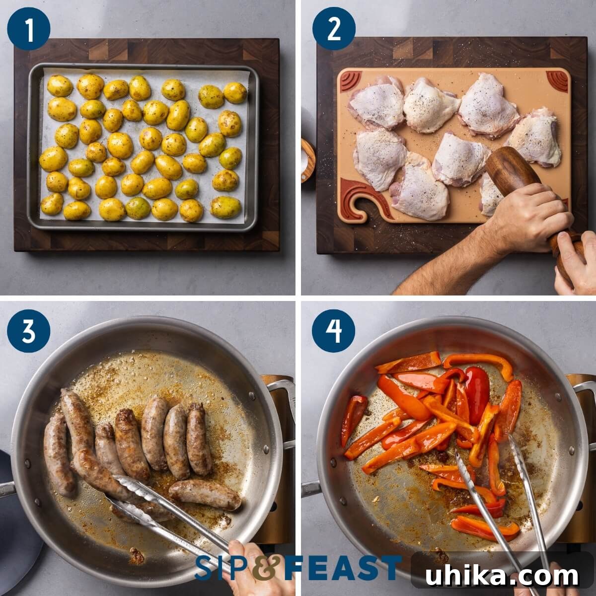 Rustic Italian Chicken and Sausage Skillet 4 A three-panel collage illustrating the preliminary steps of making Chicken Scarpariello: roasting seasoned potatoes on a baking sheet, preparing and seasoning chicken thighs, and searing Italian sausage and bell peppers in a large pan.
