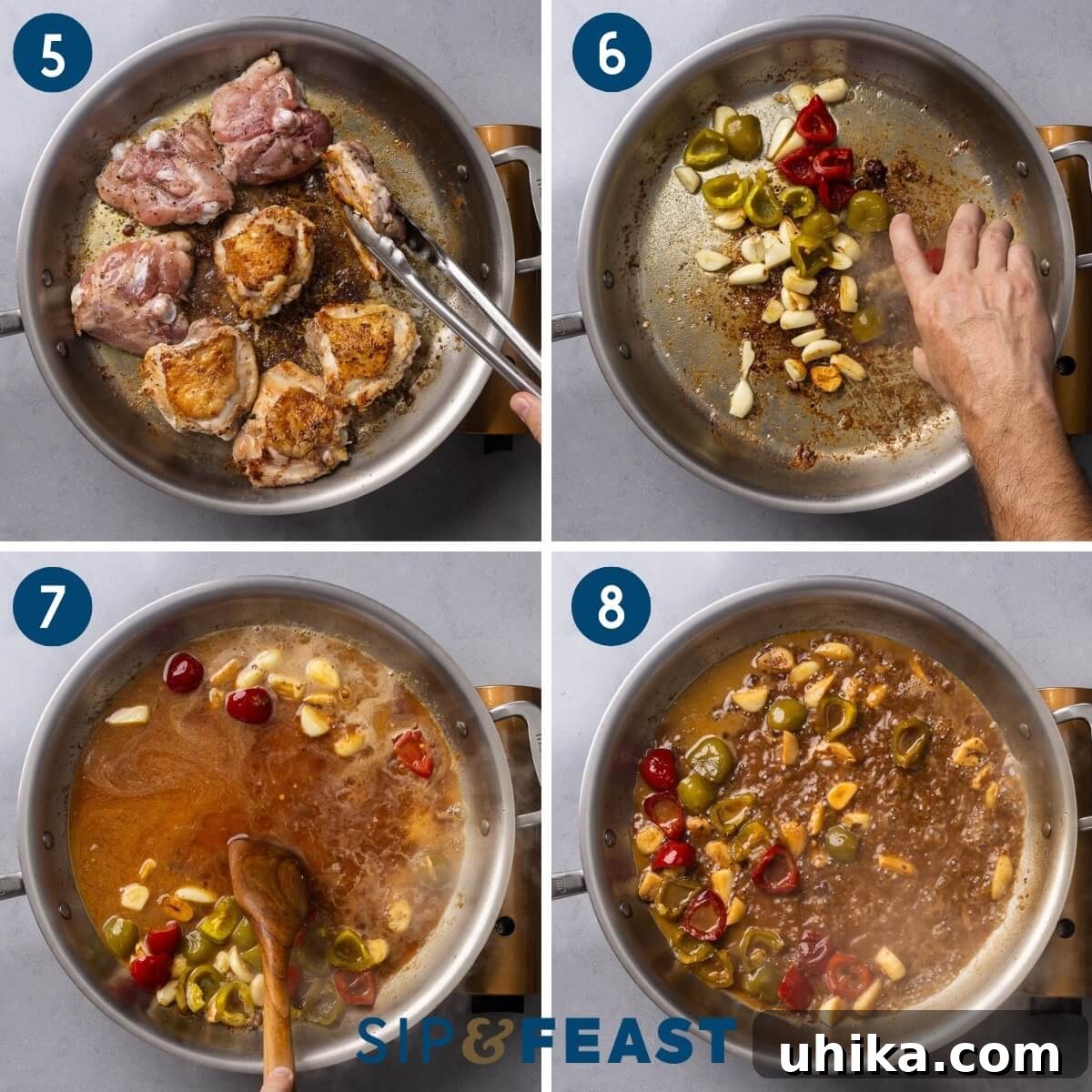 Rustic Italian Chicken and Sausage Skillet 5 A collage showing mid-stage preparation for Chicken Scarpariello: beautifully seared chicken thighs, garlic and cherry peppers sautéing in a pan, and the beginning of the vibrant sauce creation.