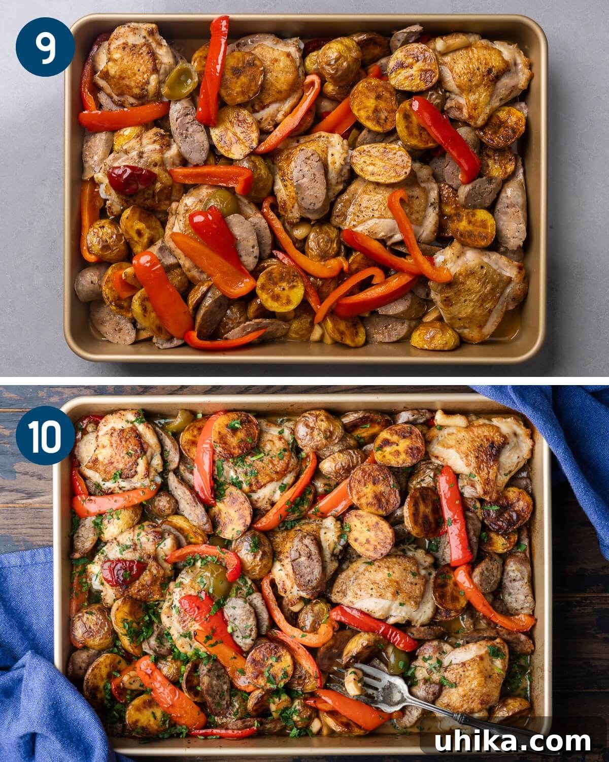 Rustic Italian Chicken and Sausage Skillet 6 A final three-panel collage demonstrating the last steps of Chicken Scarpariello: arranging all cooked components in a baking dish, the dish covered with foil ready for the oven, and the finished, parsley-garnished Chicken Scarpariello in a golden baking pan.
