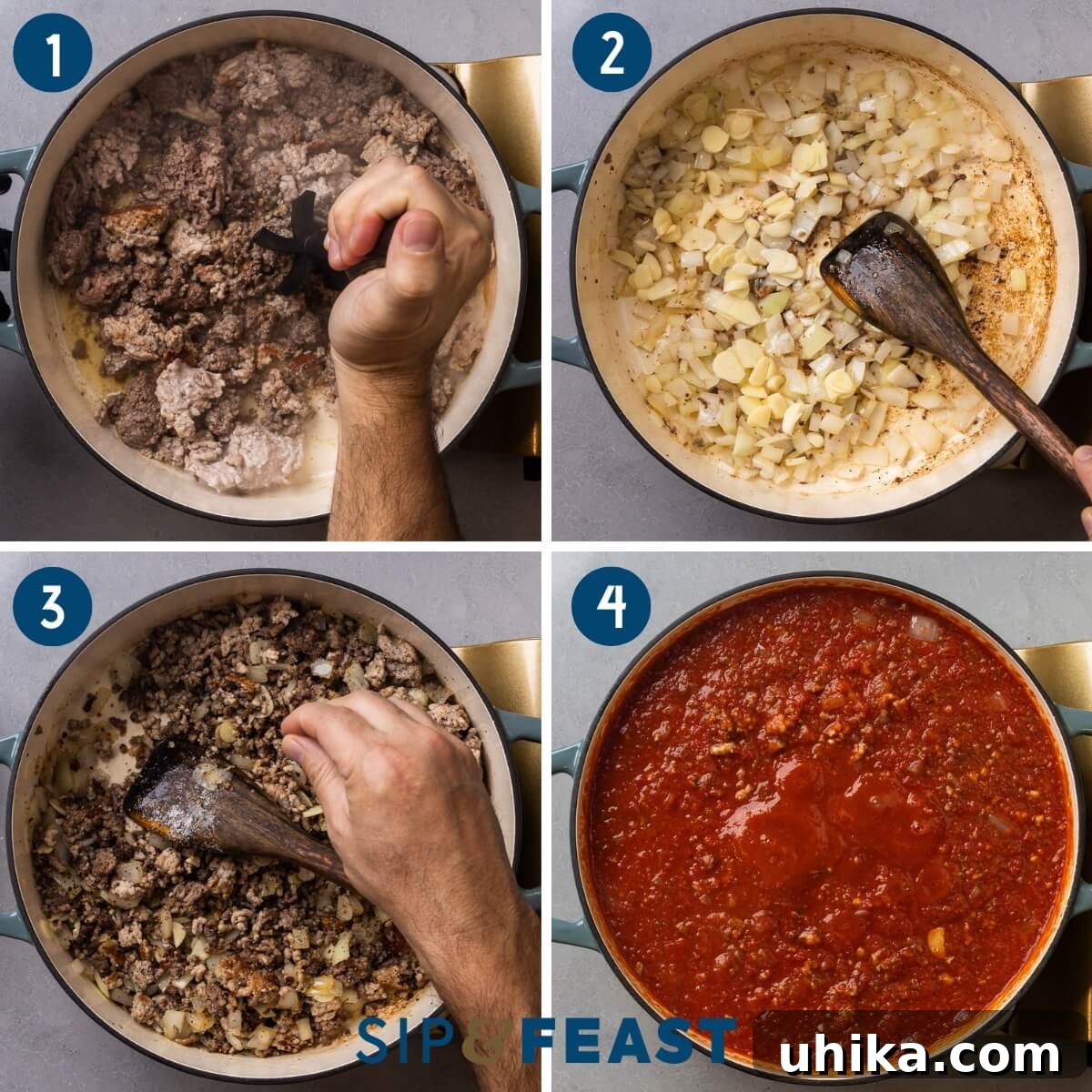 Old-World Comfort: Italian-American Lasagna 5 Recipe process collage group one showing browning of meat, sauteing onion and garlic, seasoning meat mixture, and simmering the sauce.