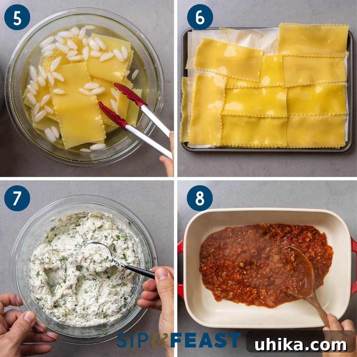 Old-World Comfort: Italian-American Lasagna 6 Recipe collage two showing shocking par-boiled lasagna noodles in ice water, lasagna sheets on parchment paper, mixing the ricotta mixture, and spreading a thick layer of meat sauce on bottom of baking dish.
