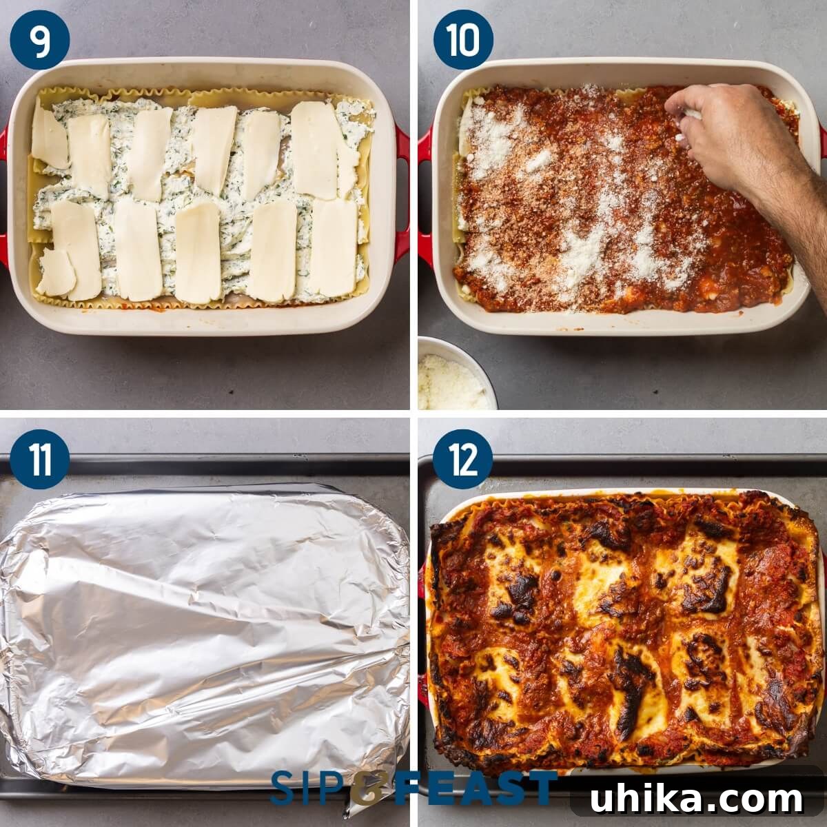 Old-World Comfort: Italian-American Lasagna 7 Recipe collage three showing layering of lasagna sheets with ricotta and mozzarella, sprinkling pecorino, covering baking dish, and finished baked lasagna.