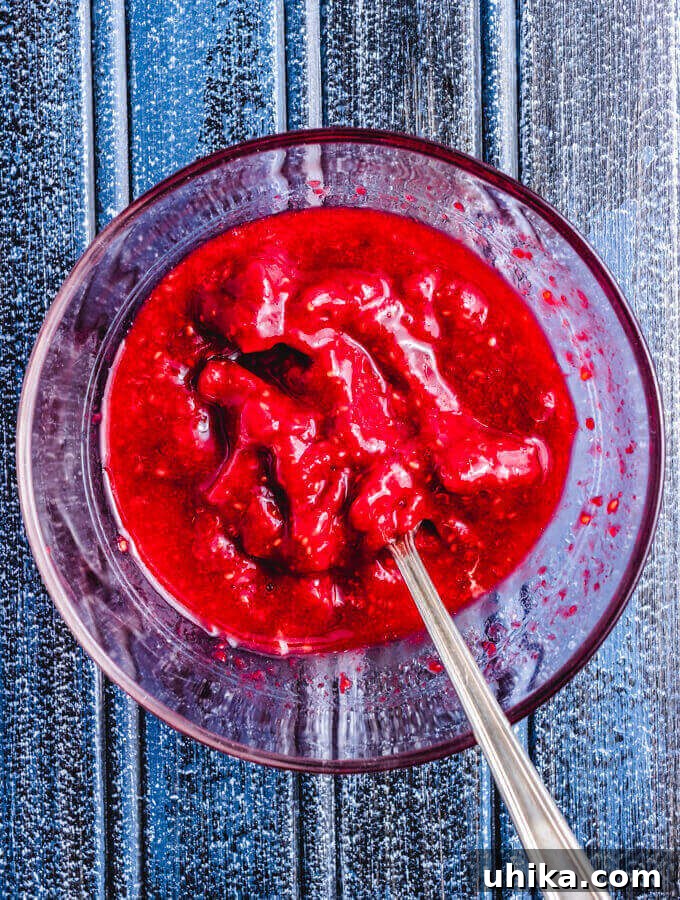 Molten Raspberry Colada 5 A bowl of vibrant, freshly blended frozen raspberries mixed with water, forming a smooth puree for the Raspberry Colada.