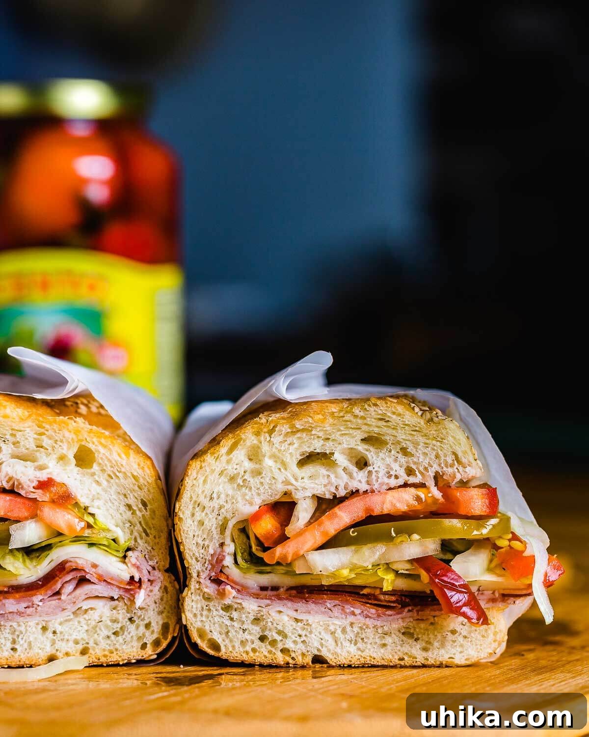 Italian Hero wrapped in deli paper on cutting board.