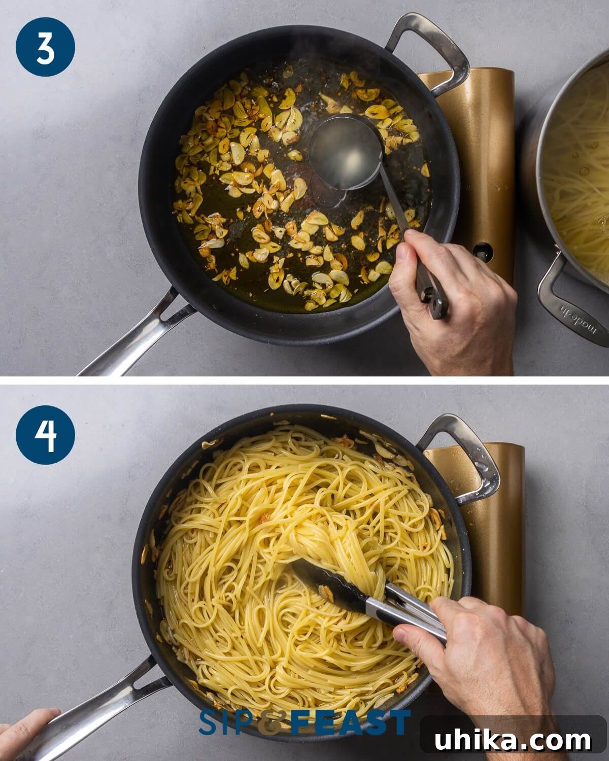 Aromatic Garlic and Olive Oil Linguine 5 A collage showing the intermediate steps of preparing Linguine Aglio e Olio: a ladle of starchy pasta water being added to the golden garlic and oil mixture, and the linguine being tossed in the pan to combine with the developing sauce.