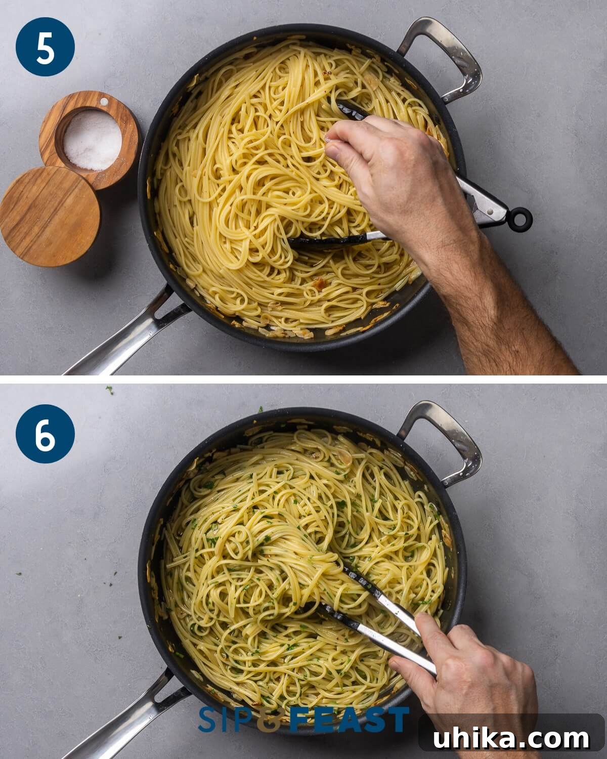 Aromatic Garlic and Olive Oil Linguine 6 A collage showing the final steps of Linguine Aglio e Olio: seasoning the pasta with salt and pepper, and then finishing with a generous drizzle of olive oil and a sprinkle of fresh parsley before serving.