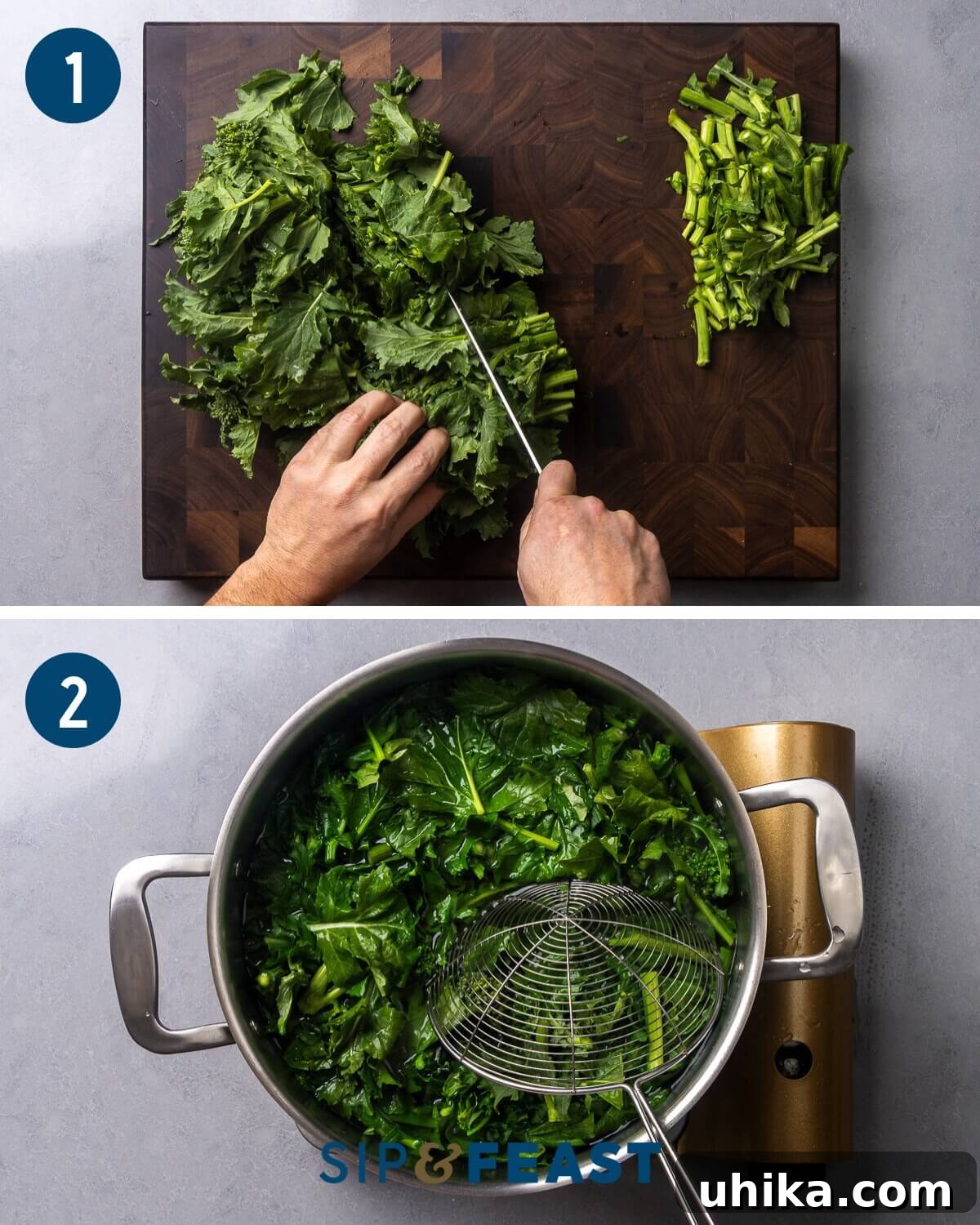Rustic Orecchiette with Sausage and Broccoli Rabe 5 Collage showing the preparation of broccoli rabe by removing the tough stems and then blanching it in a large pot of boiling water.