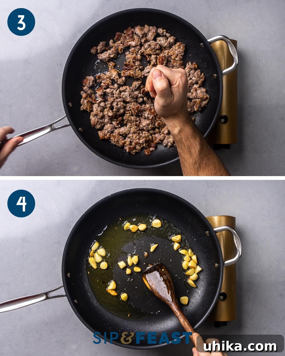 Rustic Orecchiette with Sausage and Broccoli Rabe 6 Recipe collage two illustrating the browning of Italian sausage in a large pan, followed by sautéing chopped garlic in olive oil in the same pan, using the rendered fat.