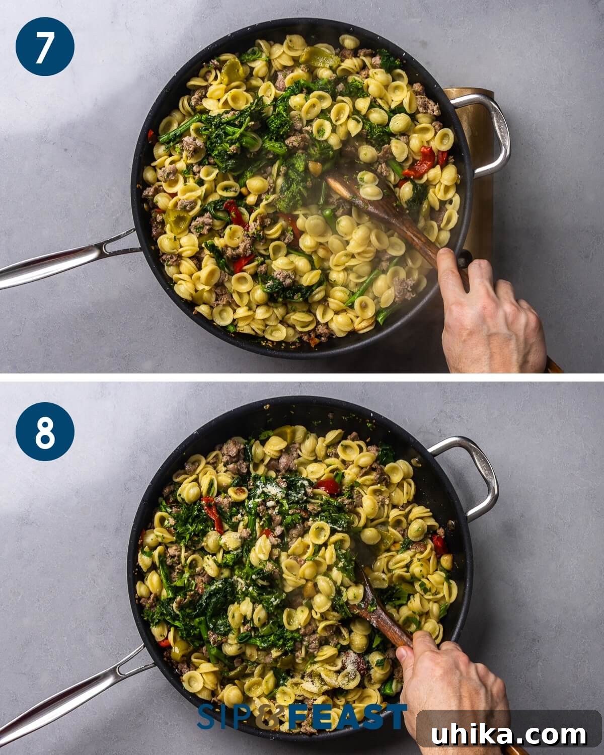Rustic Orecchiette with Sausage and Broccoli Rabe 8 Recipe collage four illustrating the final steps of combining the al dente orecchiette pasta with the flavorful sauce and mixing in grated Pecorino Romano cheese for a creamy finish.
