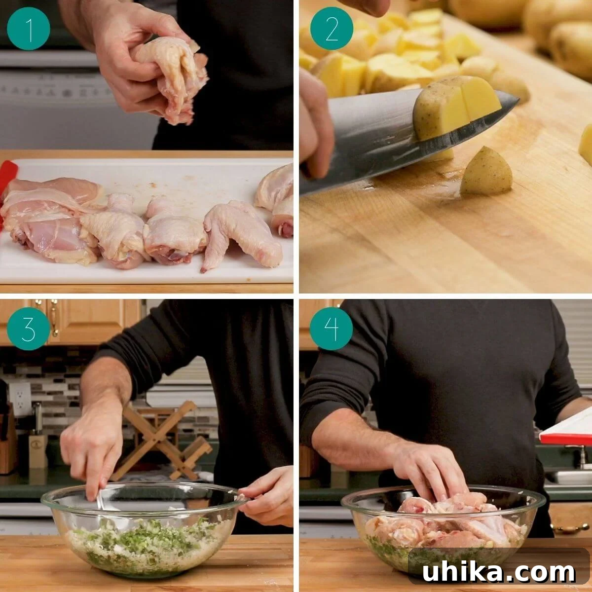 Garlic Rosemary Chicken and Roasted Potatoes 3 A two-part collage showing the initial steps of preparing Italian baked chicken and potatoes. The top image shows potatoes cut into cubes. The bottom image displays minced garlic, chopped parsley, and diced onion, ready for mixing.